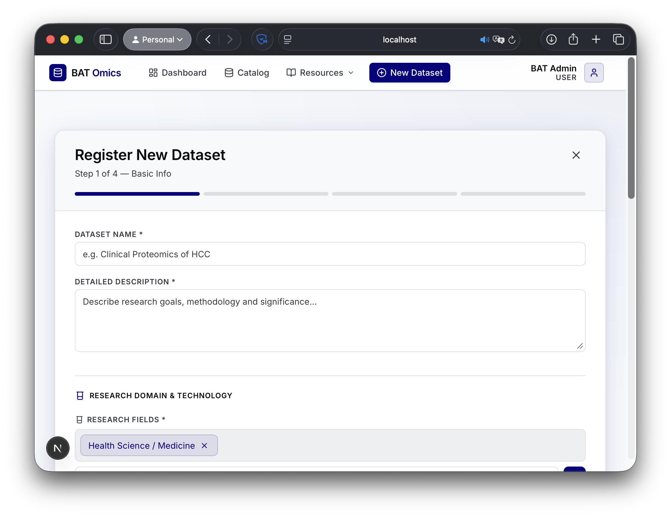 Dataset registration form with metadata fields
