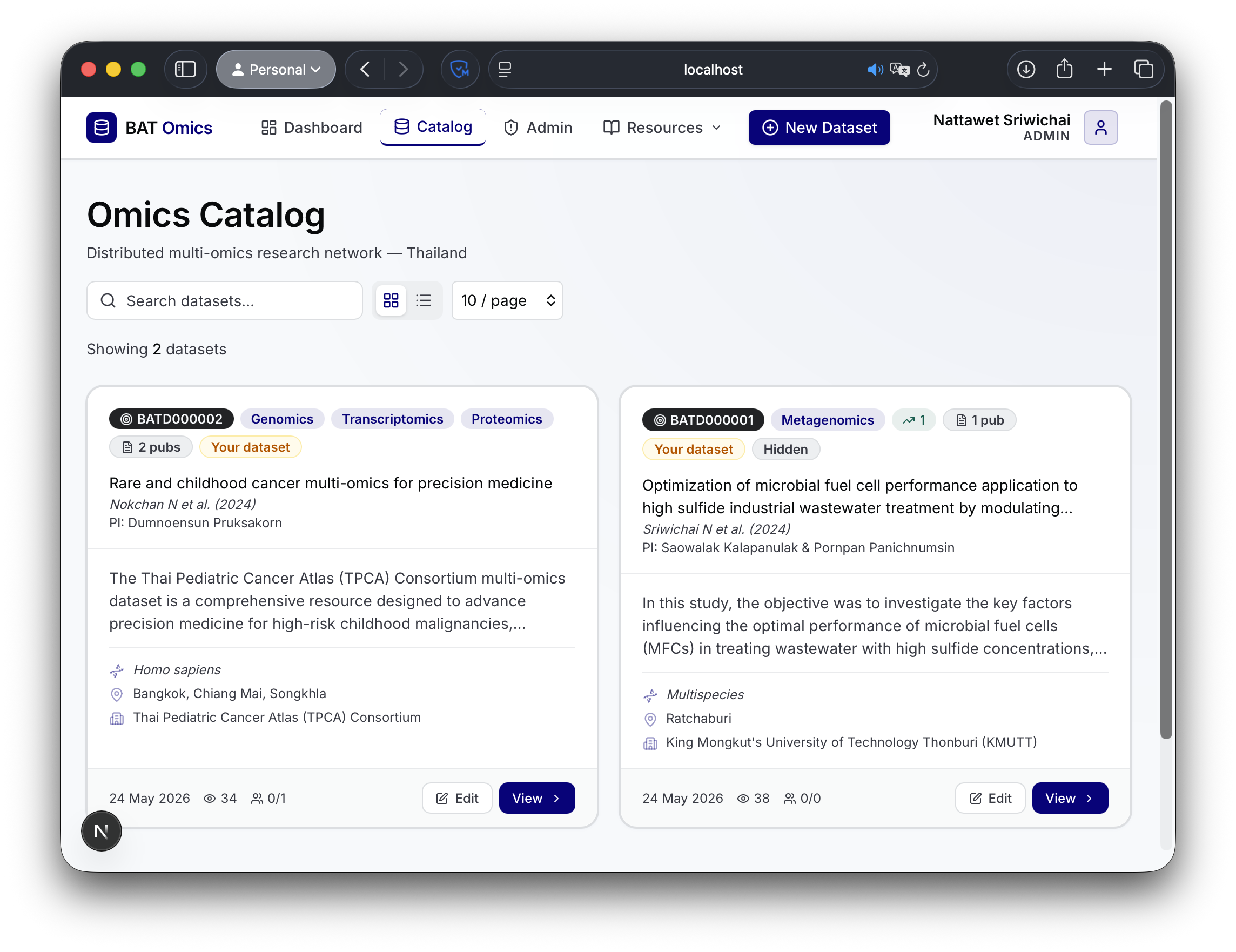 Dataset card view showing omics datasets with filters