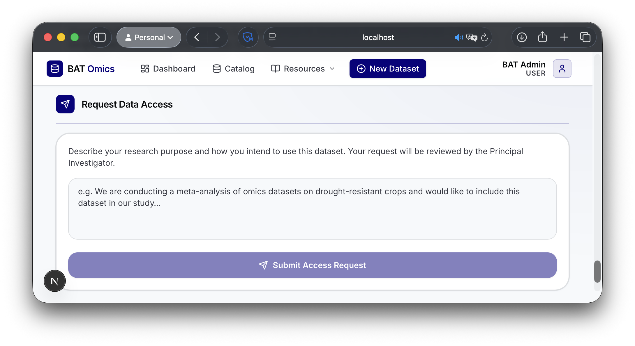 Access request form for a dataset